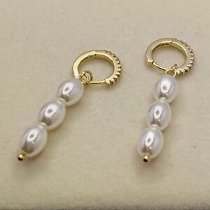 New Gold Pearl Drop Hoop Earrings - Women Jewelry